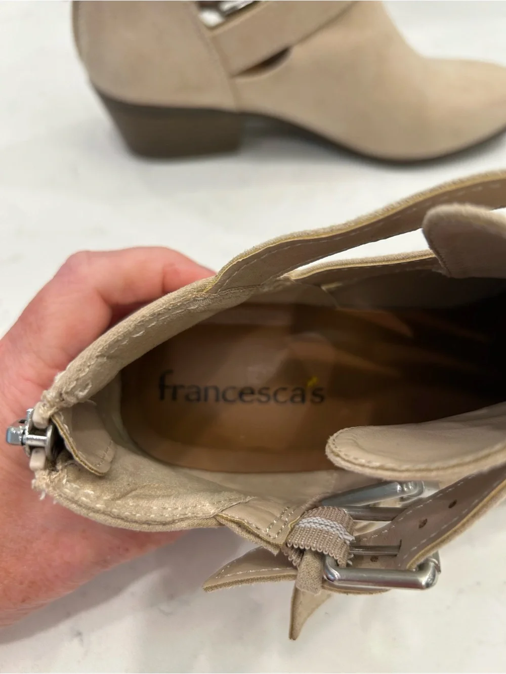Francesca's Collections Beige Suede Double-Buckle Ankle Booties
